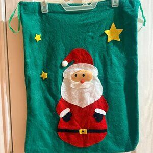 Santa Claus Christmas Gift Bag With Drawstring 19x14 Inches Felt Fabric Green &